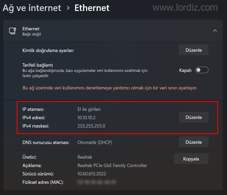 windows11 ethernet ip ayarlari1 - Windows 11'de İki Bilgisayar Arası Ethernet Kablo ile Dosya Paylaşımı